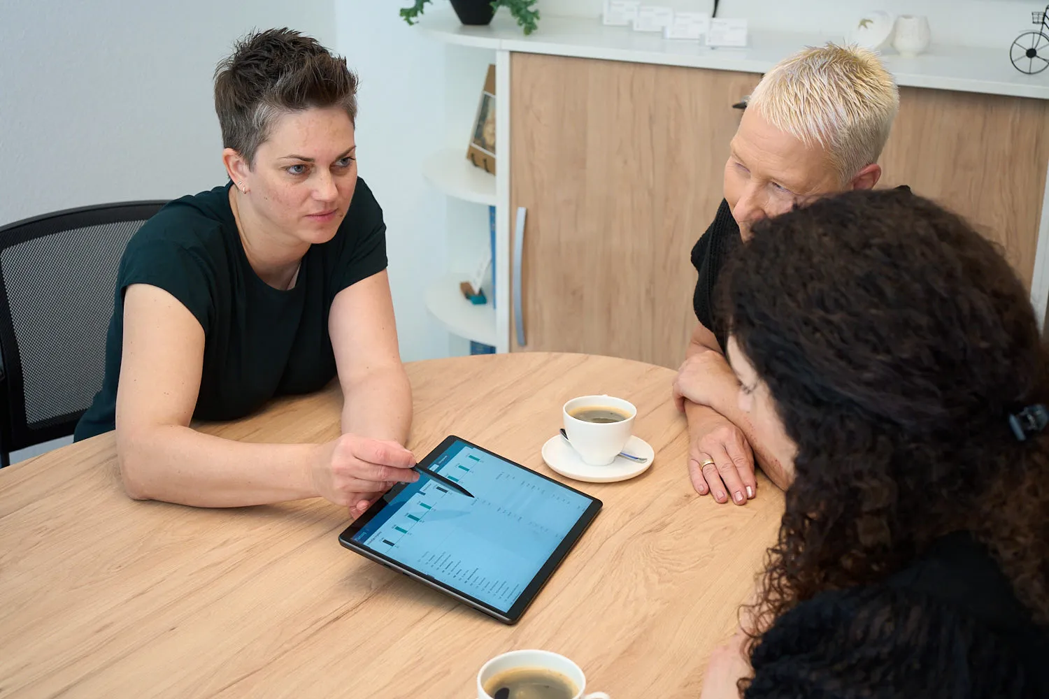Drei Mitarbeiterinnen der Steuerkanzlei besprechen digitale Auswertungen auf einem Tablet